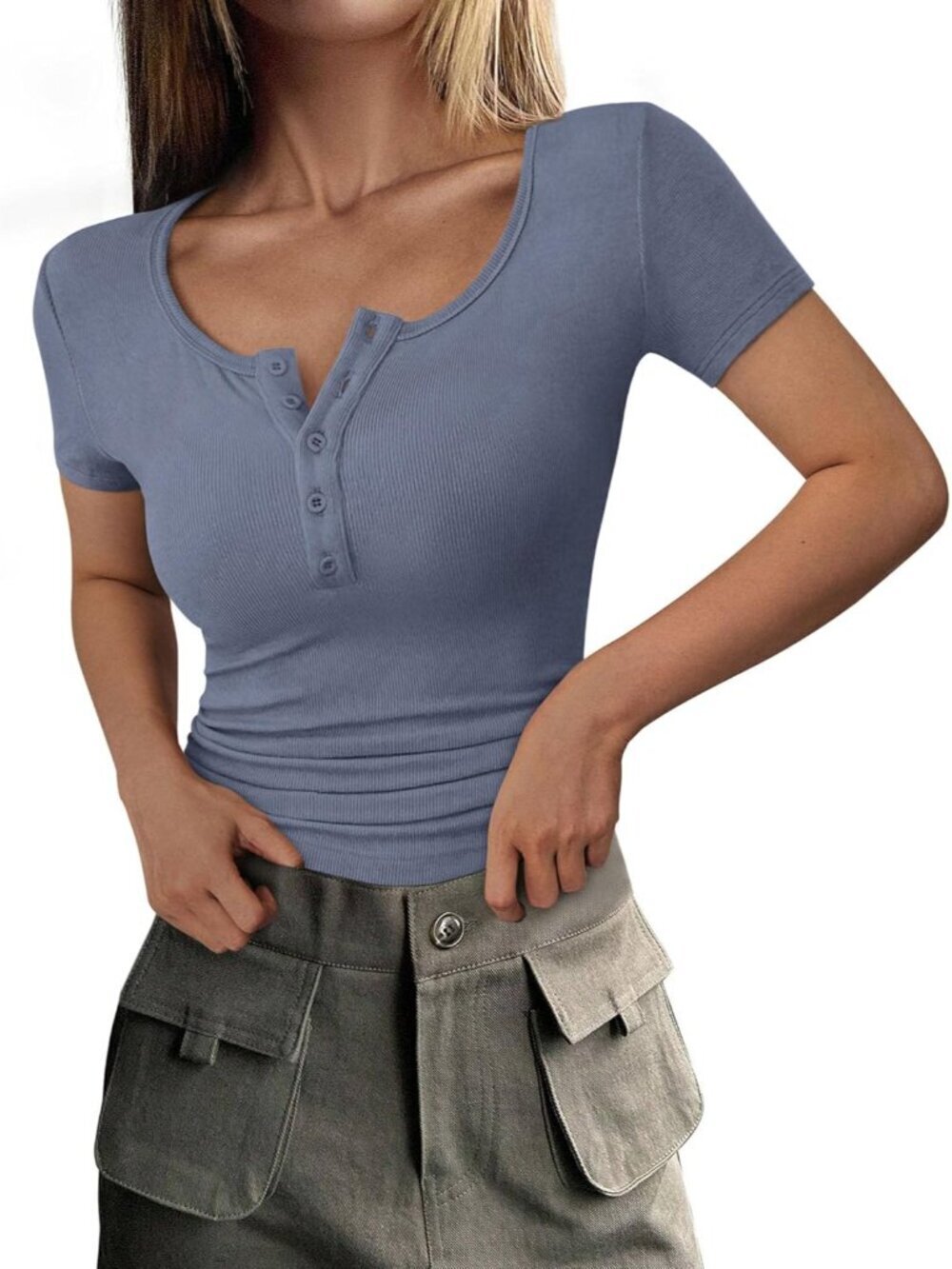 Womens 2026 Summer Short Sleeve Tops Ribbed Henley Button Slim Fit Basic Casual